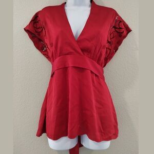 BCBG MAX AZRIA Top Womens M Red Babydoll Lace Sleeve Bow V-Neck